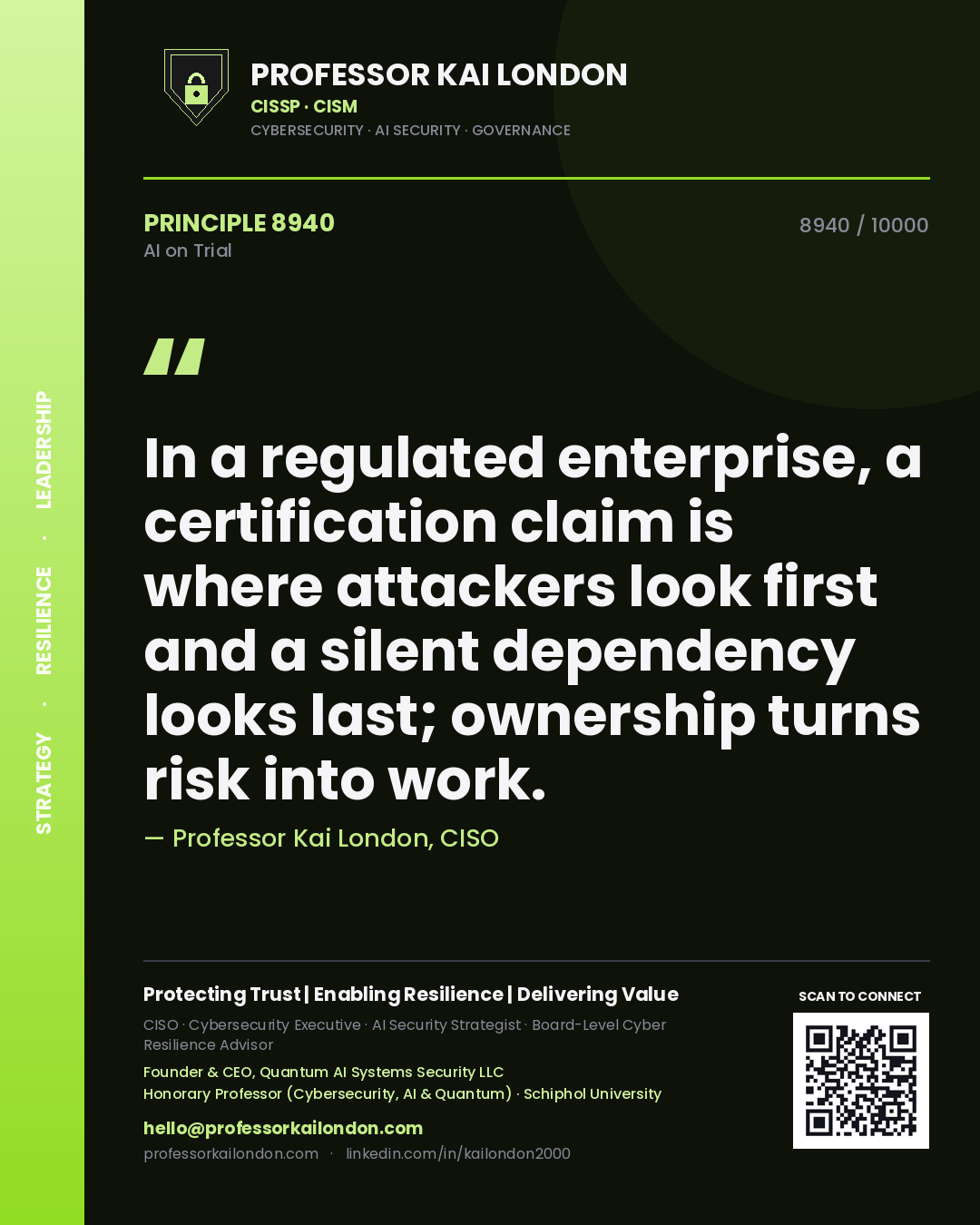 Quote card by Professor Kai London reading 'In a regulated enterprise, a certification claim is where attackers look first and a silent dependency looks last; ownership turns risk into work.'. From the book AI on Trial.