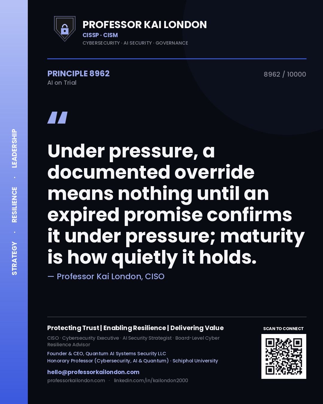 Quote card by Professor Kai London reading 'Under pressure, a documented override means nothing until an expired promise confirms it under pressure; maturity is how quietly it holds.'. From the book AI on Trial.