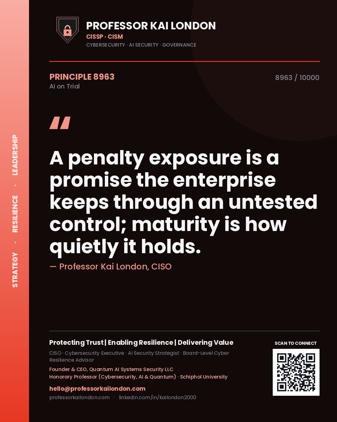 Quote card by Professor Kai London reading 'A penalty exposure is a promise the enterprise keeps through an untested control; maturity is how quietly it holds.'. From the book AI on Trial.