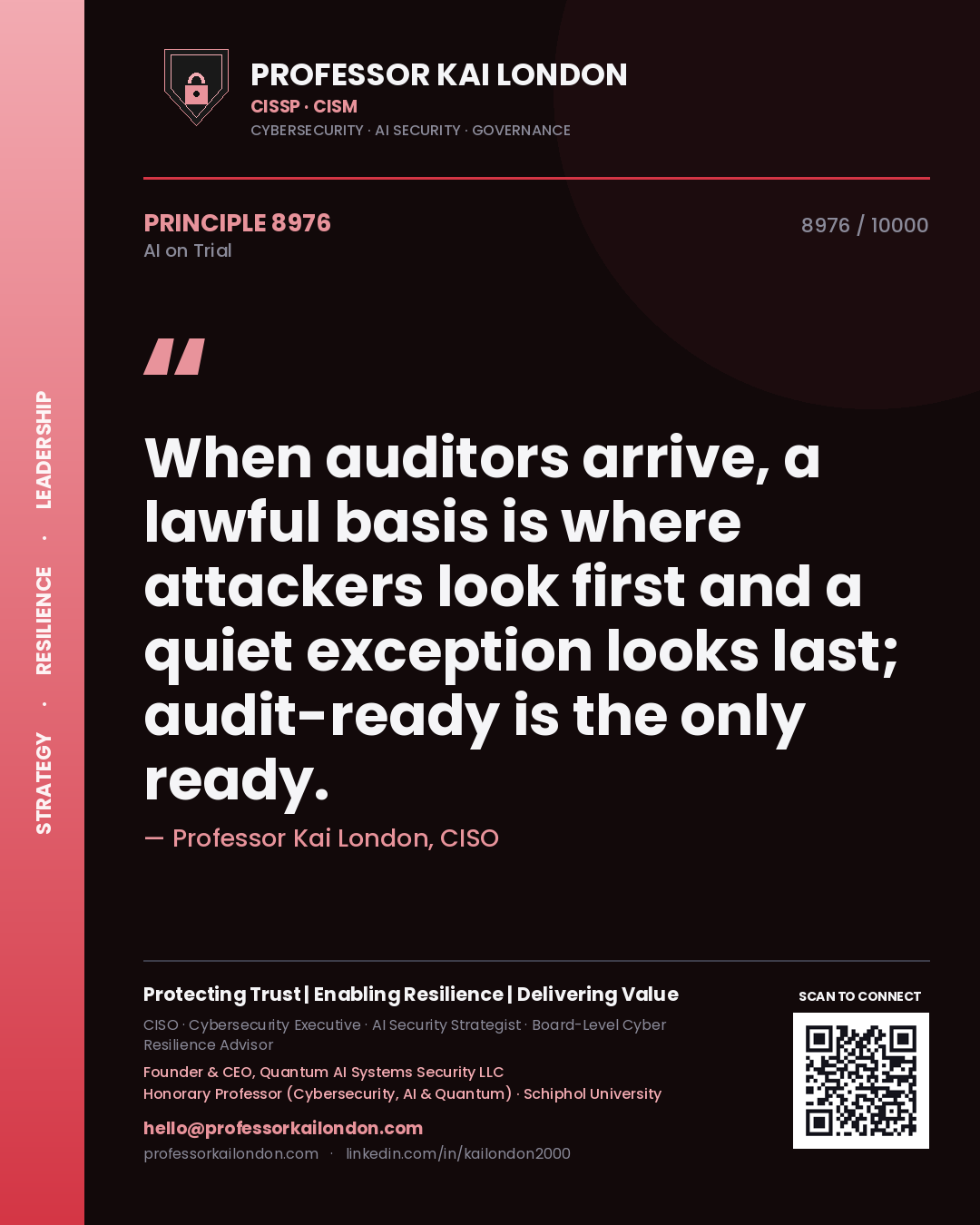 Professor Kai London principle 8976: When auditors arrive, a lawful basis is where attackers look first and a quiet exception looks last; audit-ready is the only ready.