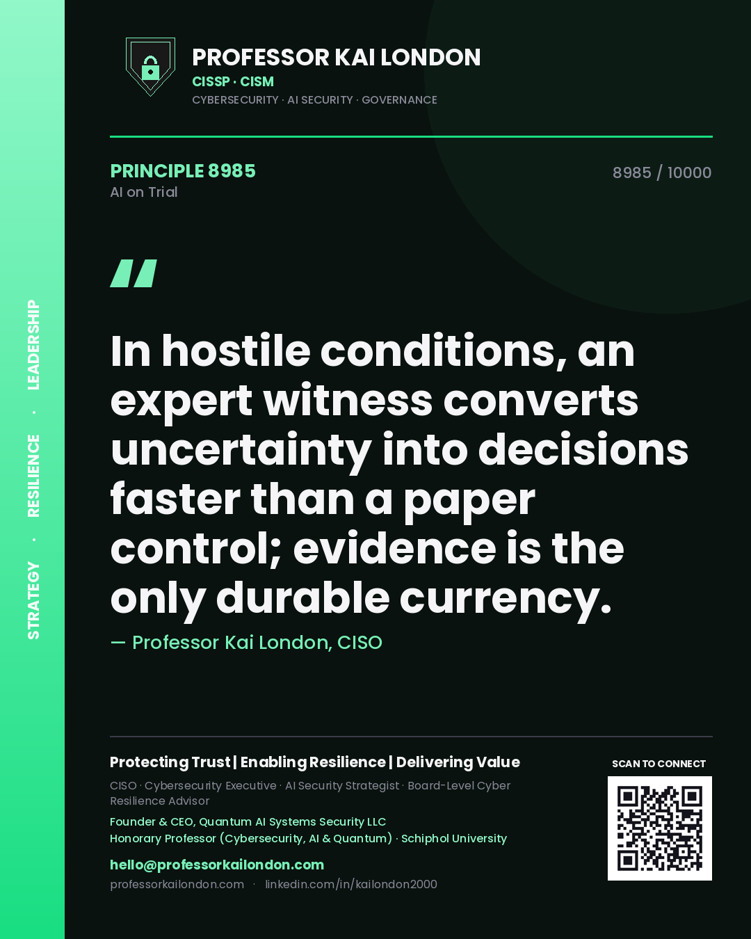 Professor Kai London principle 8985: In hostile conditions, an expert witness converts uncertainty into decisions faster than a paper control; evidence is the only durable currency.