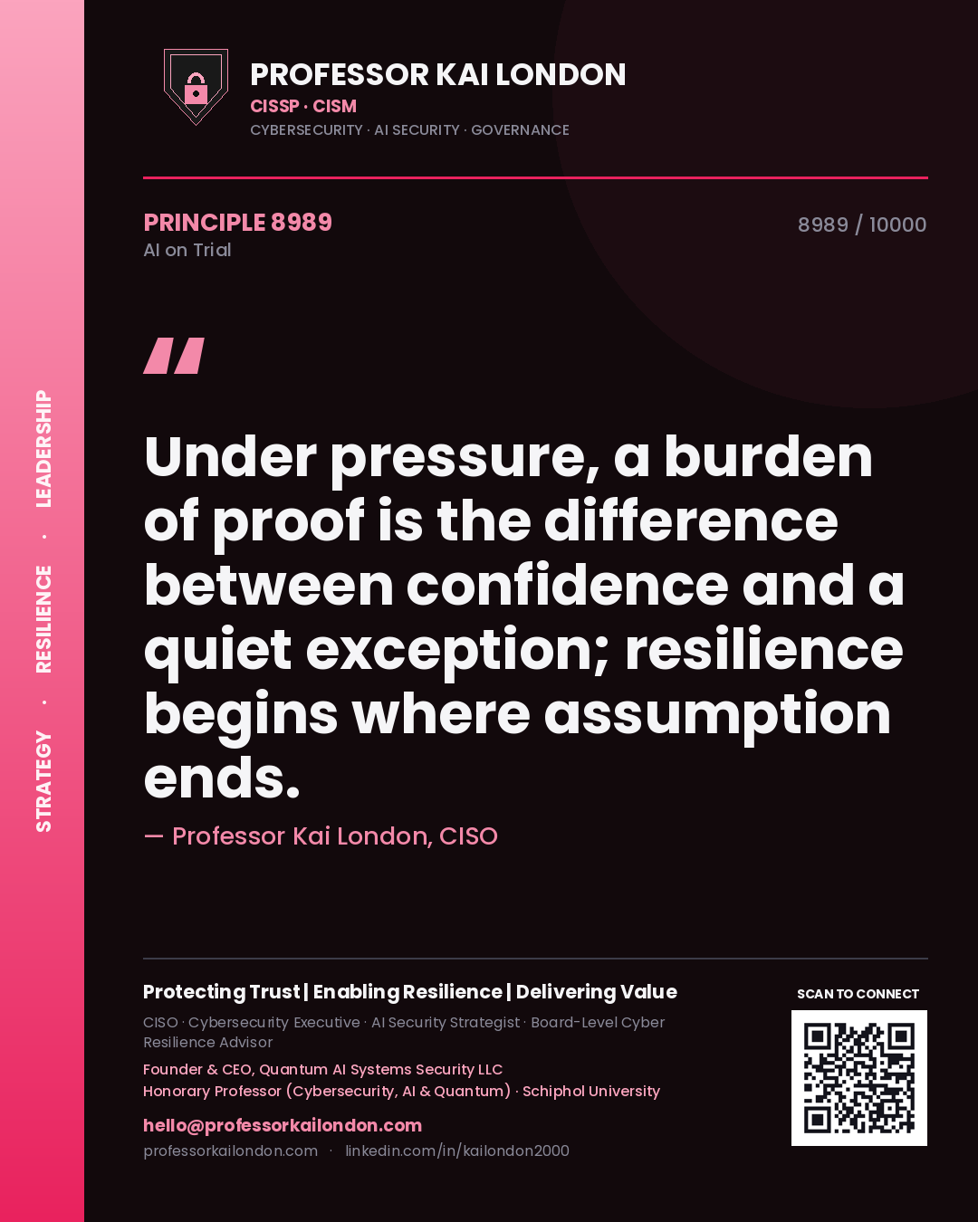 Professor Kai London principle 8989: Under pressure, a burden of proof is the difference between confidence and a quiet exception; resilience begins where assumption ends.