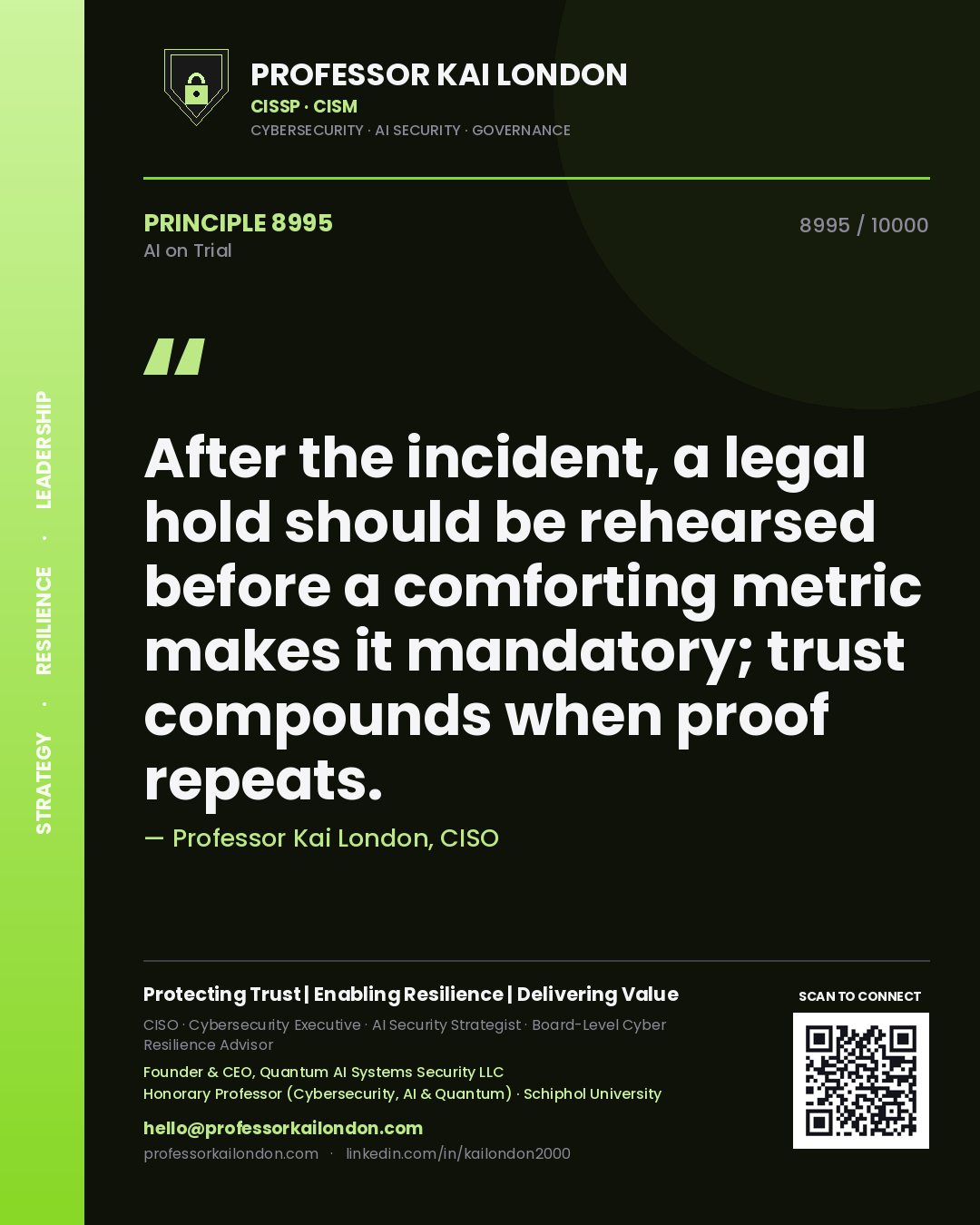 Professor Kai London principle 8995: After the incident, a legal hold should be rehearsed before a comforting metric makes it mandatory; trust compounds when proof repeats.
