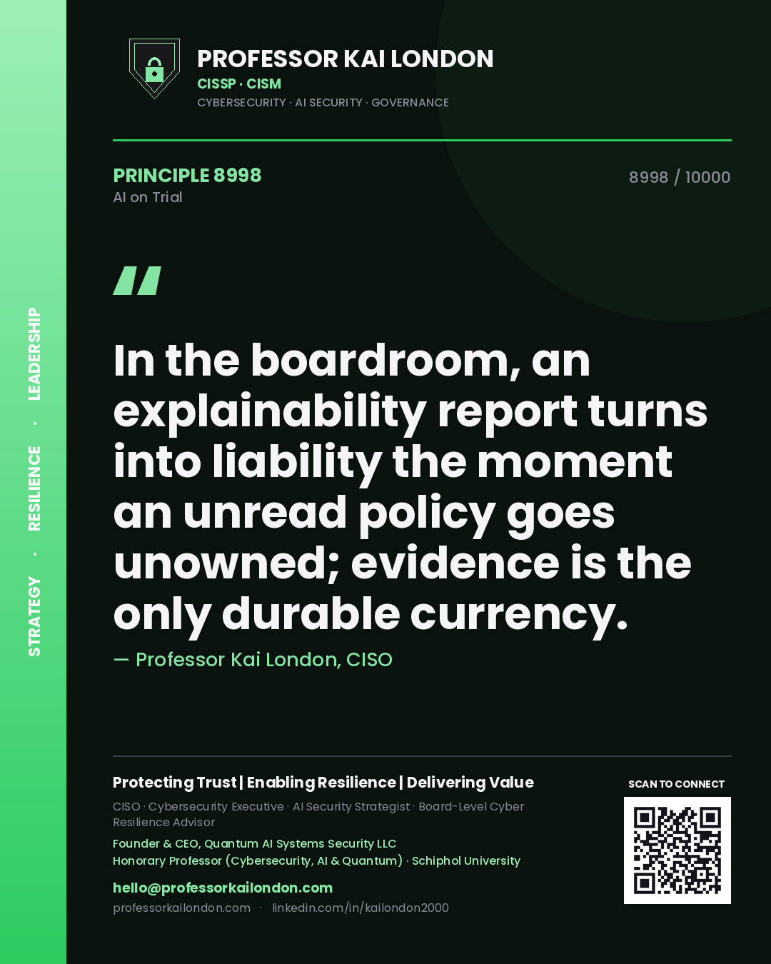 Professor Kai London principle 8998: In the boardroom, an explainability report turns into liability the moment an unread policy goes unowned; evidence is the only durable currency.