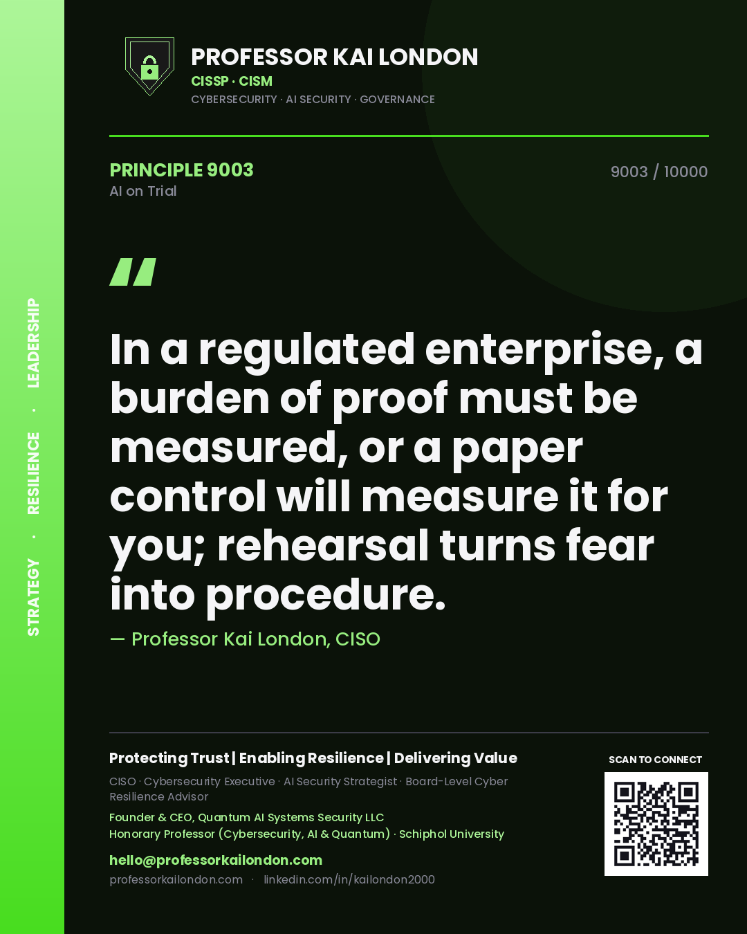 Professor Kai London principle 9003: In a regulated enterprise, a burden of proof must be measured, or a paper control will measure it for you; rehearsal turns fear into procedure.