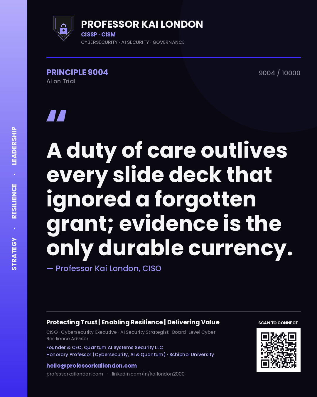 Professor Kai London principle 9004: A duty of care outlives every slide deck that ignored a forgotten grant; evidence is the only durable currency.