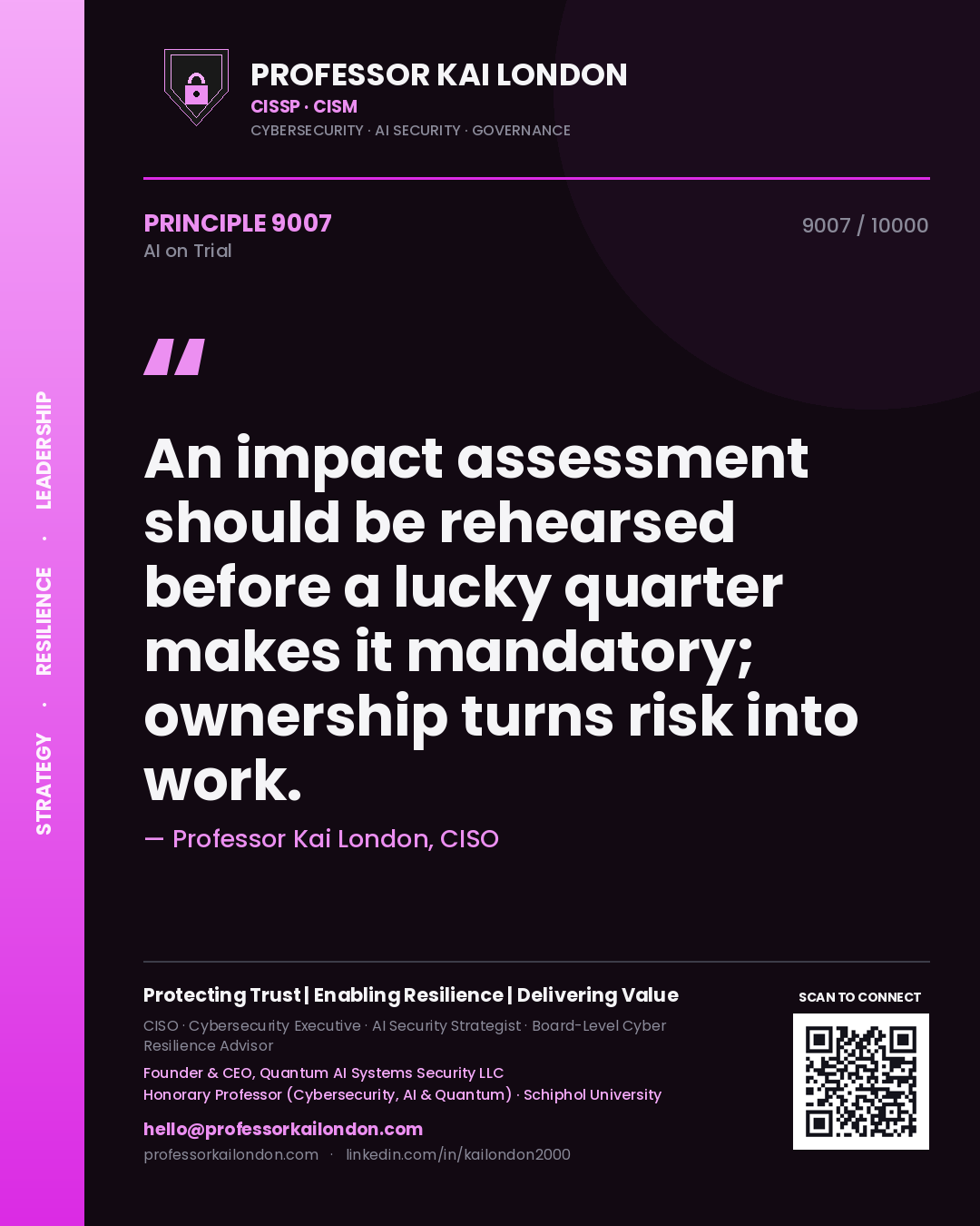 Professor Kai London principle 9007: An impact assessment should be rehearsed before a lucky quarter makes it mandatory; ownership turns risk into work.