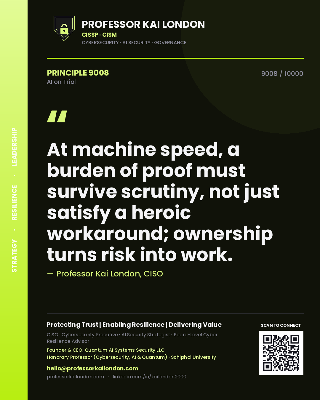 Professor Kai London principle 9008: At machine speed, a burden of proof must survive scrutiny, not just satisfy a heroic workaround; ownership turns risk into work.