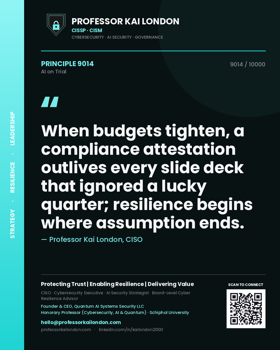Quote card by Professor Kai London reading 'When budgets tighten, a compliance attestation outlives every slide deck that ignored a lucky quarter; resilience begins where assumption ends.'. From the book AI on Trial.