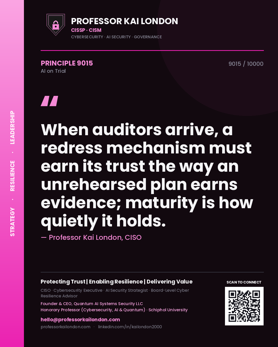Professor Kai London principle 9015: When auditors arrive, a redress mechanism must earn its trust the way an unrehearsed plan earns evidence; maturity is how quietly it holds.