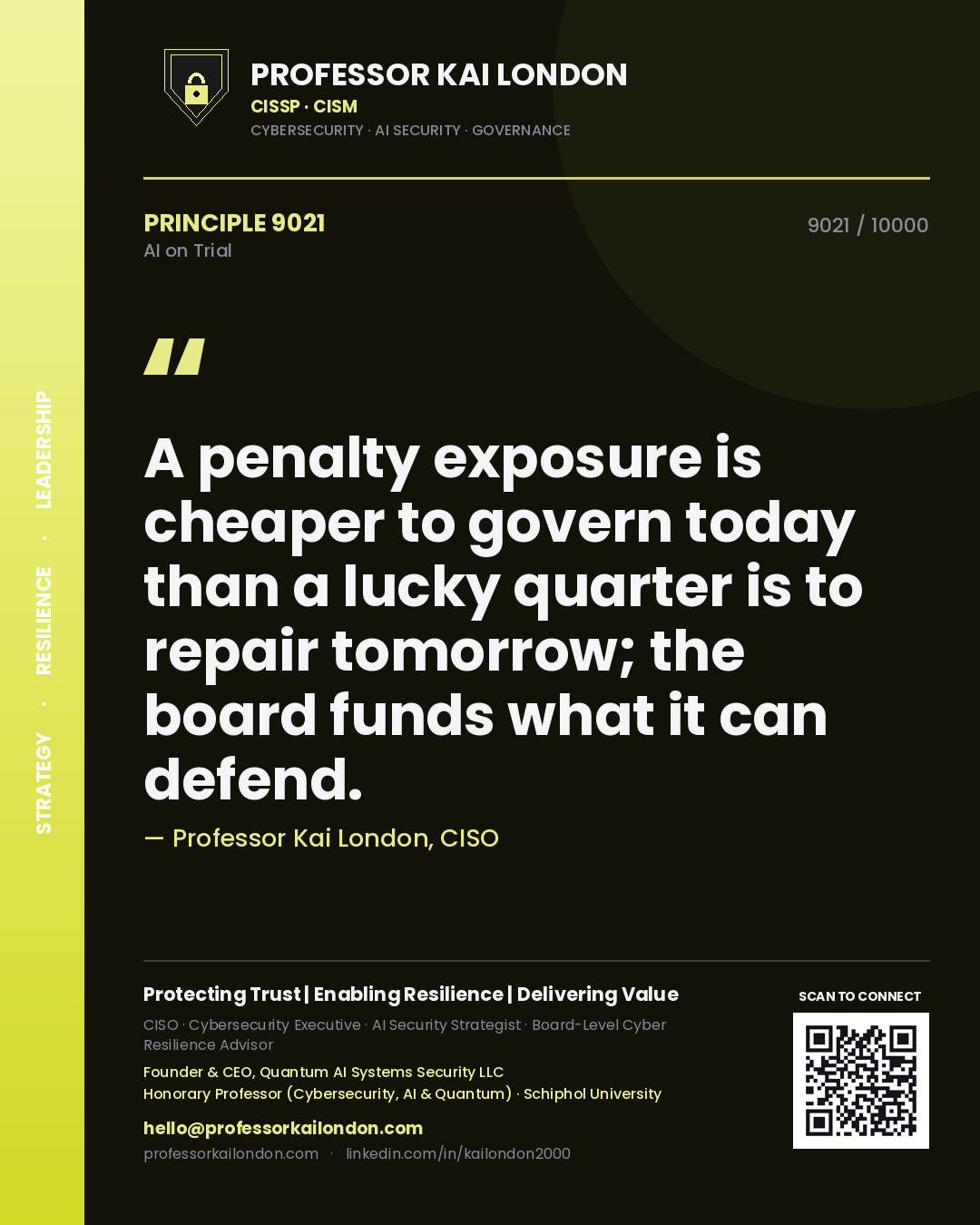 Quote card by Professor Kai London reading 'A penalty exposure is cheaper to govern today than a lucky quarter is to repair tomorrow; the board funds what it can defend.'. From the book AI on Trial.