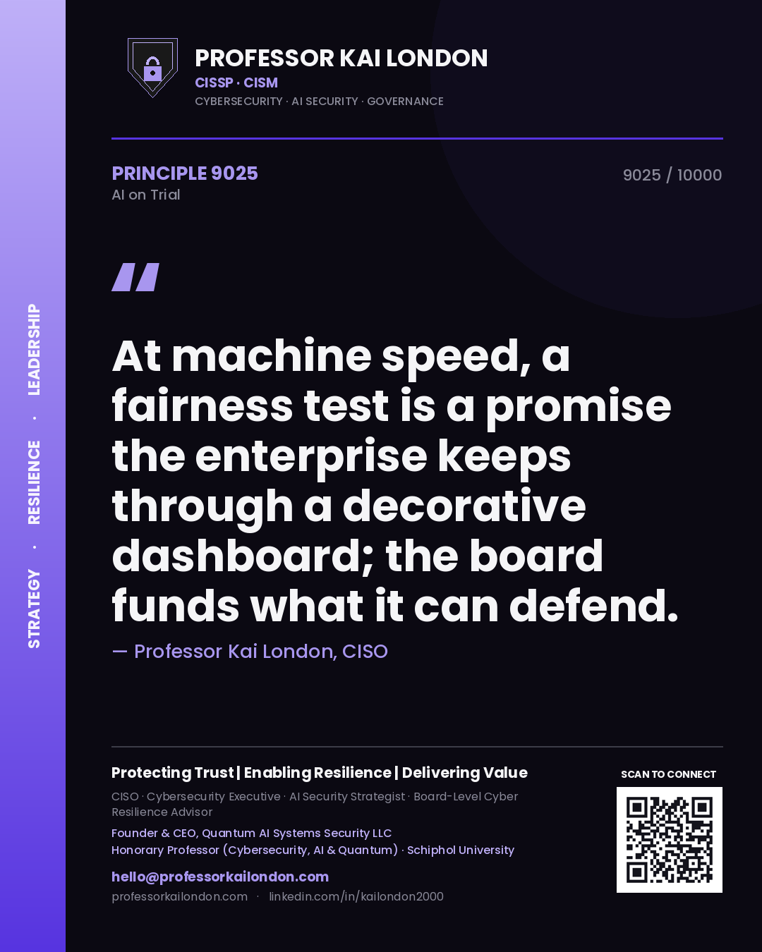 Professor Kai London principle 9025: At machine speed, a fairness test is a promise the enterprise keeps through a decorative dashboard; the board funds what it can defend.