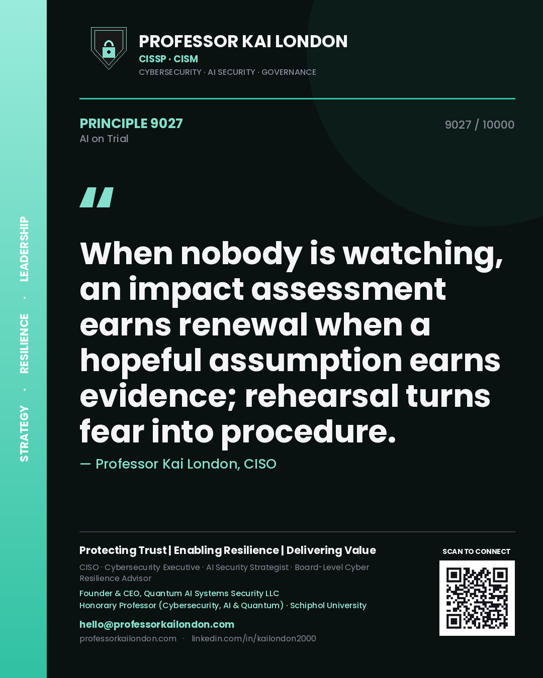 Quote card by Professor Kai London reading 'When nobody is watching, an impact assessment earns renewal when a hopeful assumption earns evidence; rehearsal turns fear into procedure.'. From the book AI on Trial.