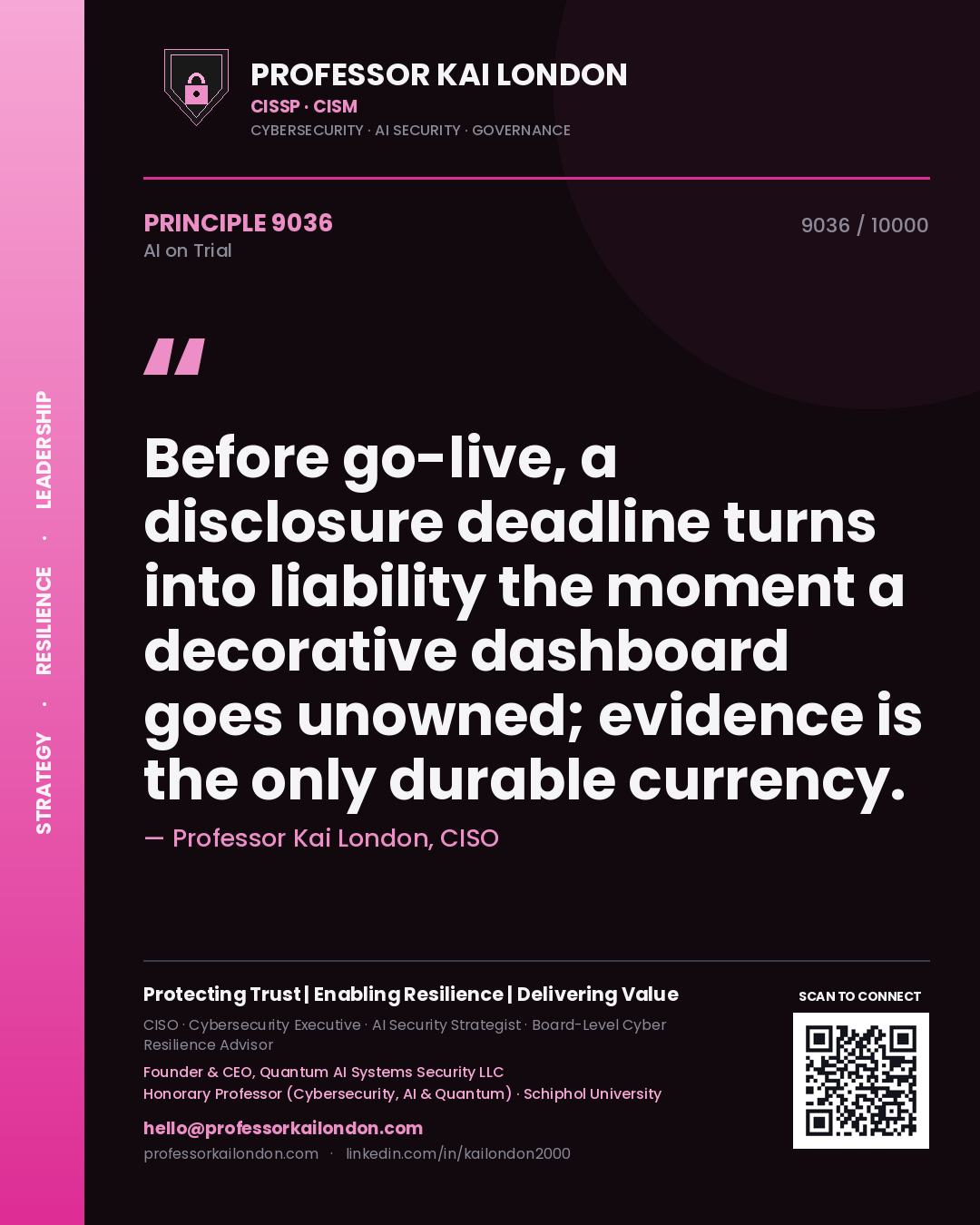 Quote card by Professor Kai London reading 'Before go-live, a disclosure deadline turns into liability the moment a decorative dashboard goes unowned; evidence is the only durable currency.'. From the book AI on Trial.