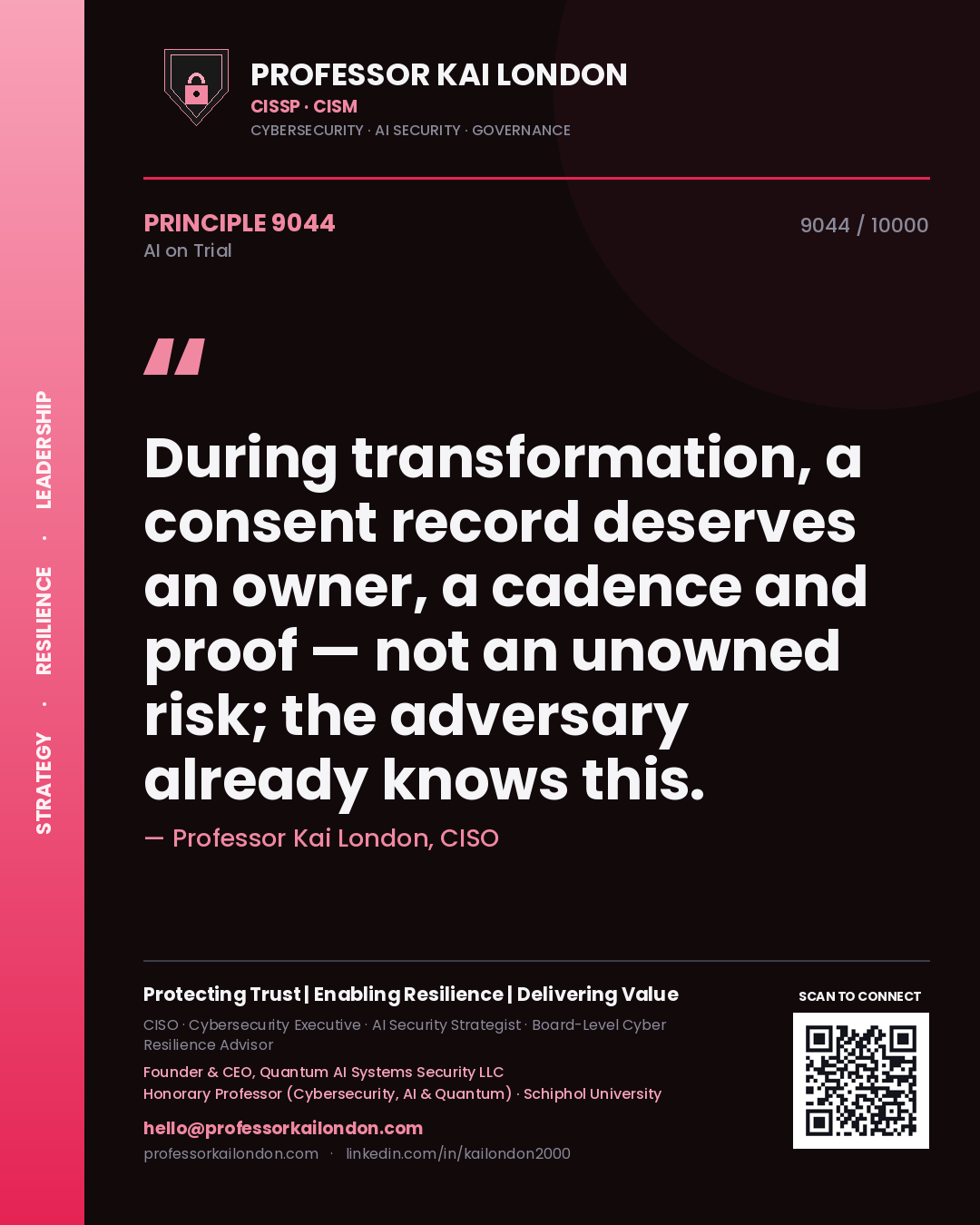 Professor Kai London principle 9044: During transformation, a consent record deserves an owner, a cadence and proof — not an unowned risk; the adversary already knows this.