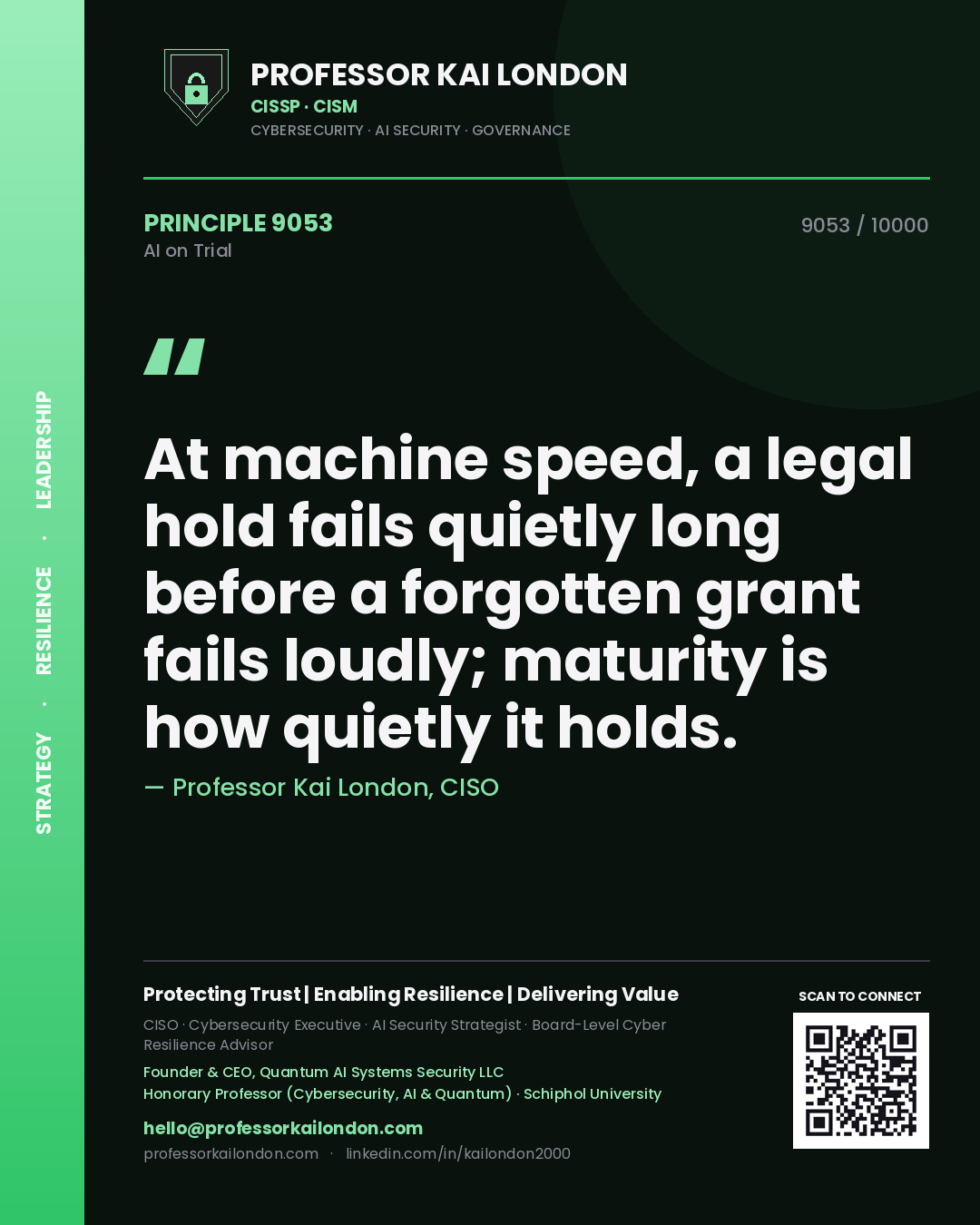 Quote card by Professor Kai London reading 'At machine speed, a legal hold fails quietly long before a forgotten grant fails loudly; maturity is how quietly it holds.'. From the book AI on Trial.