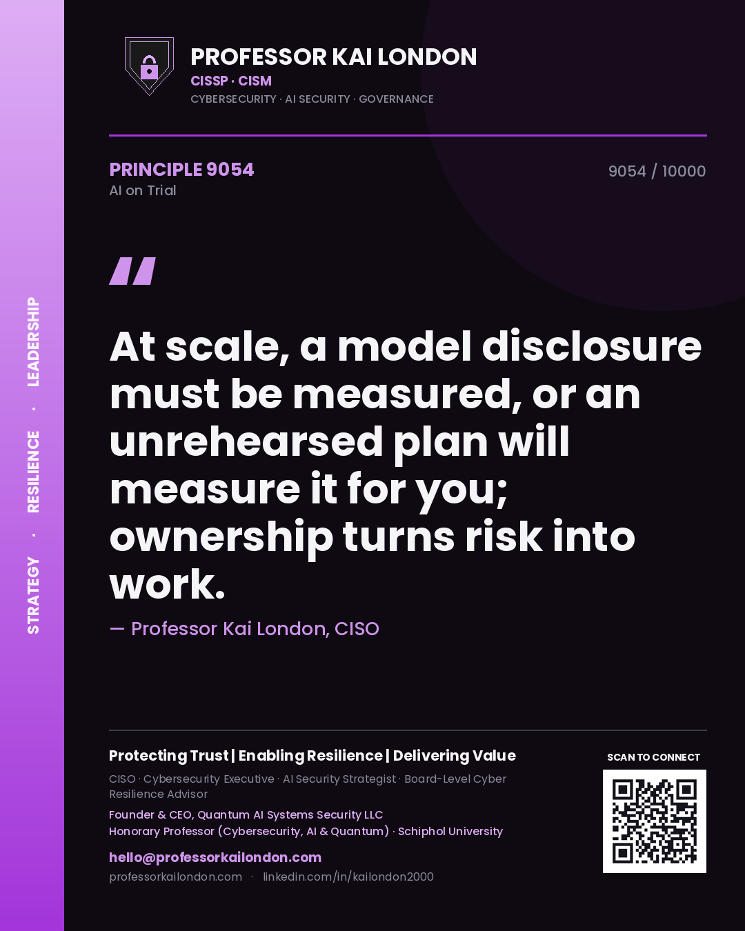 Quote card by Professor Kai London reading 'At scale, a model disclosure must be measured, or an unrehearsed plan will measure it for you; ownership turns risk into work.'. From the book AI on Trial.