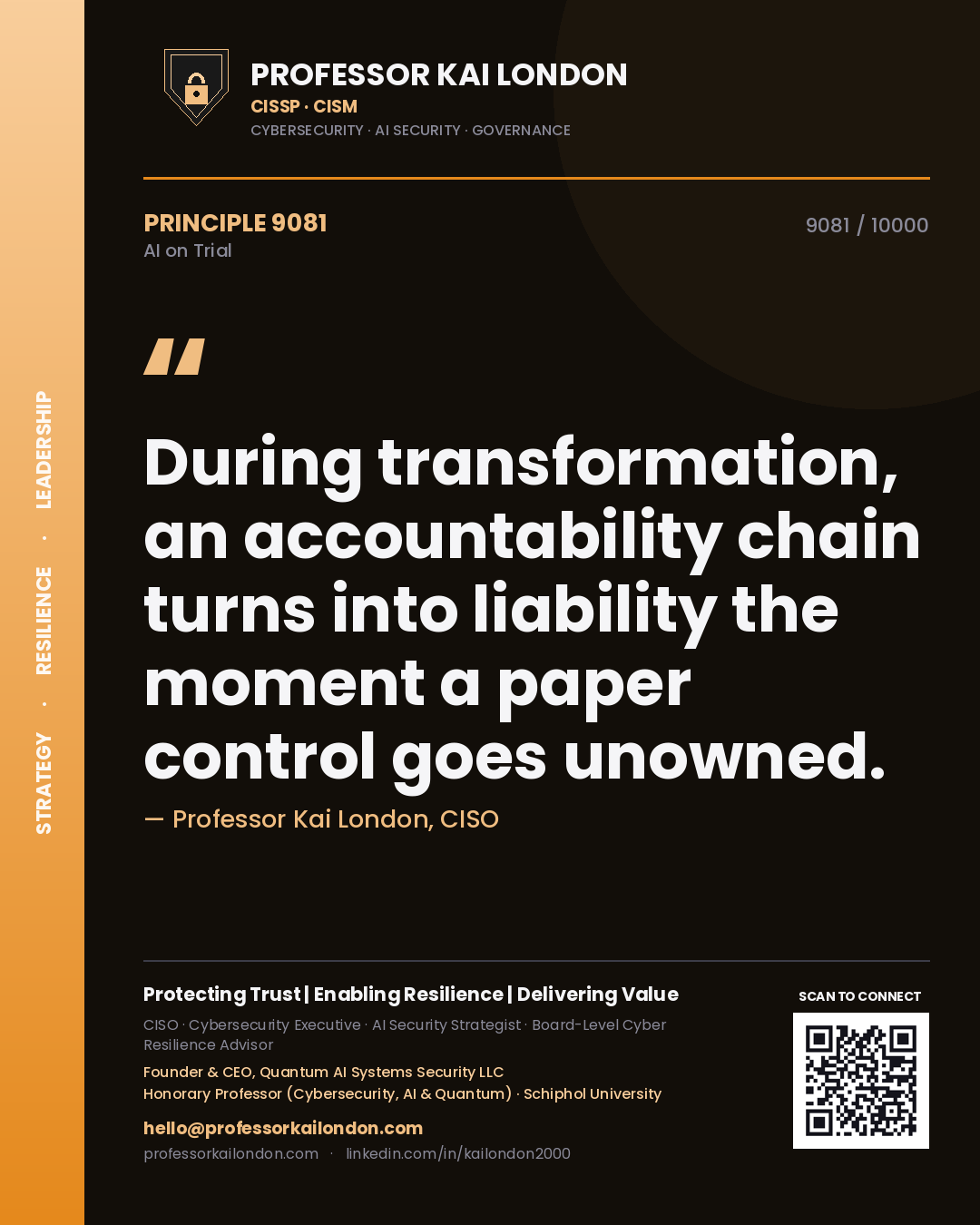 Quote card by Professor Kai London reading 'During transformation, an accountability chain turns into liability the moment a paper control goes unowned.'. From the book AI on Trial.
