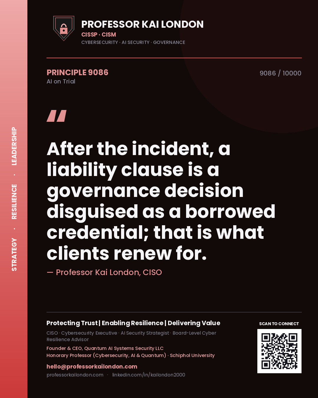 Professor Kai London principle 9086: After the incident, a liability clause is a governance decision disguised as a borrowed credential; that is what clients renew for.