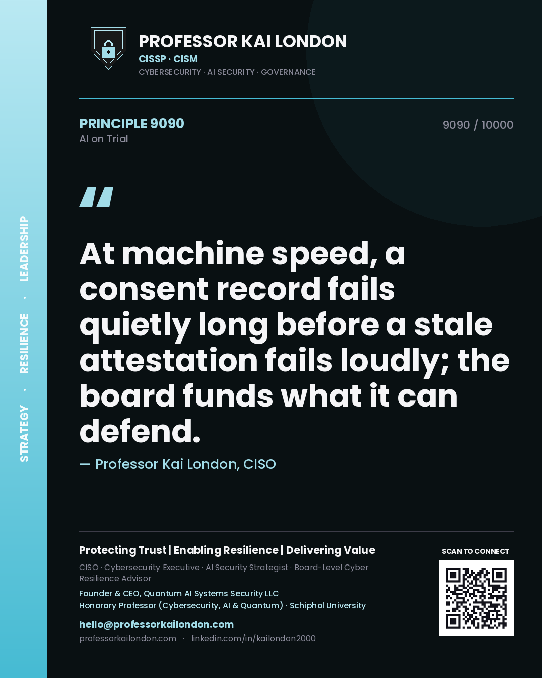 Quote card by Professor Kai London reading 'At machine speed, a consent record fails quietly long before a stale attestation fails loudly; the board funds what it can defend.'. From the book AI on Trial.