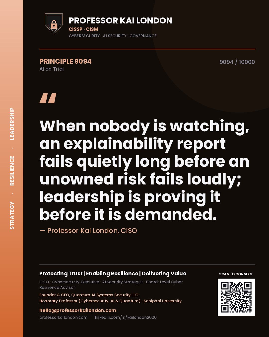 Professor Kai London principle 9094: When nobody is watching, an explainability report fails quietly long before an unowned risk fails loudly; leadership is proving it before it is demanded.