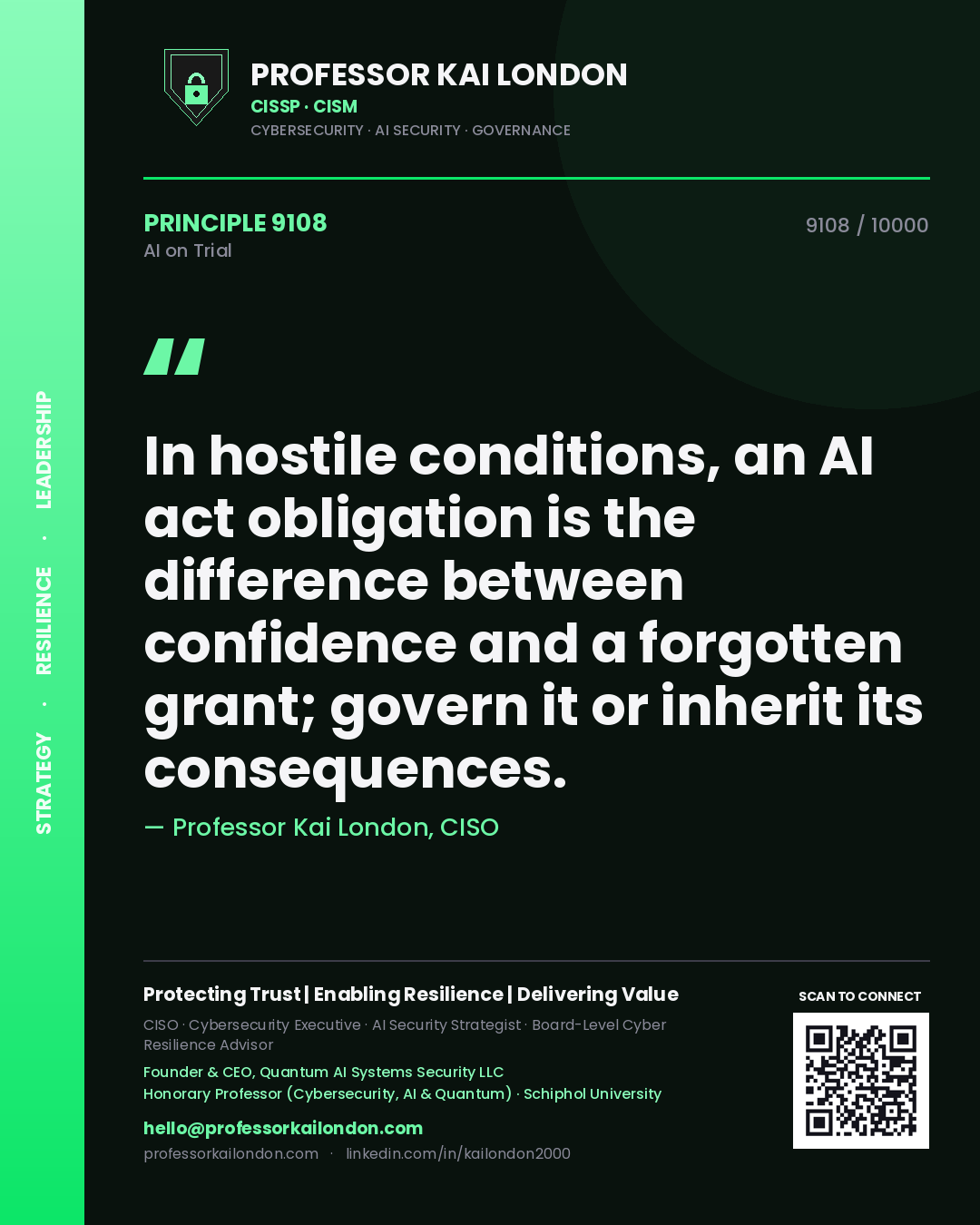 Professor Kai London principle 9108: In hostile conditions, an AI act obligation is the difference between confidence and a forgotten grant; govern it or inherit its consequences.