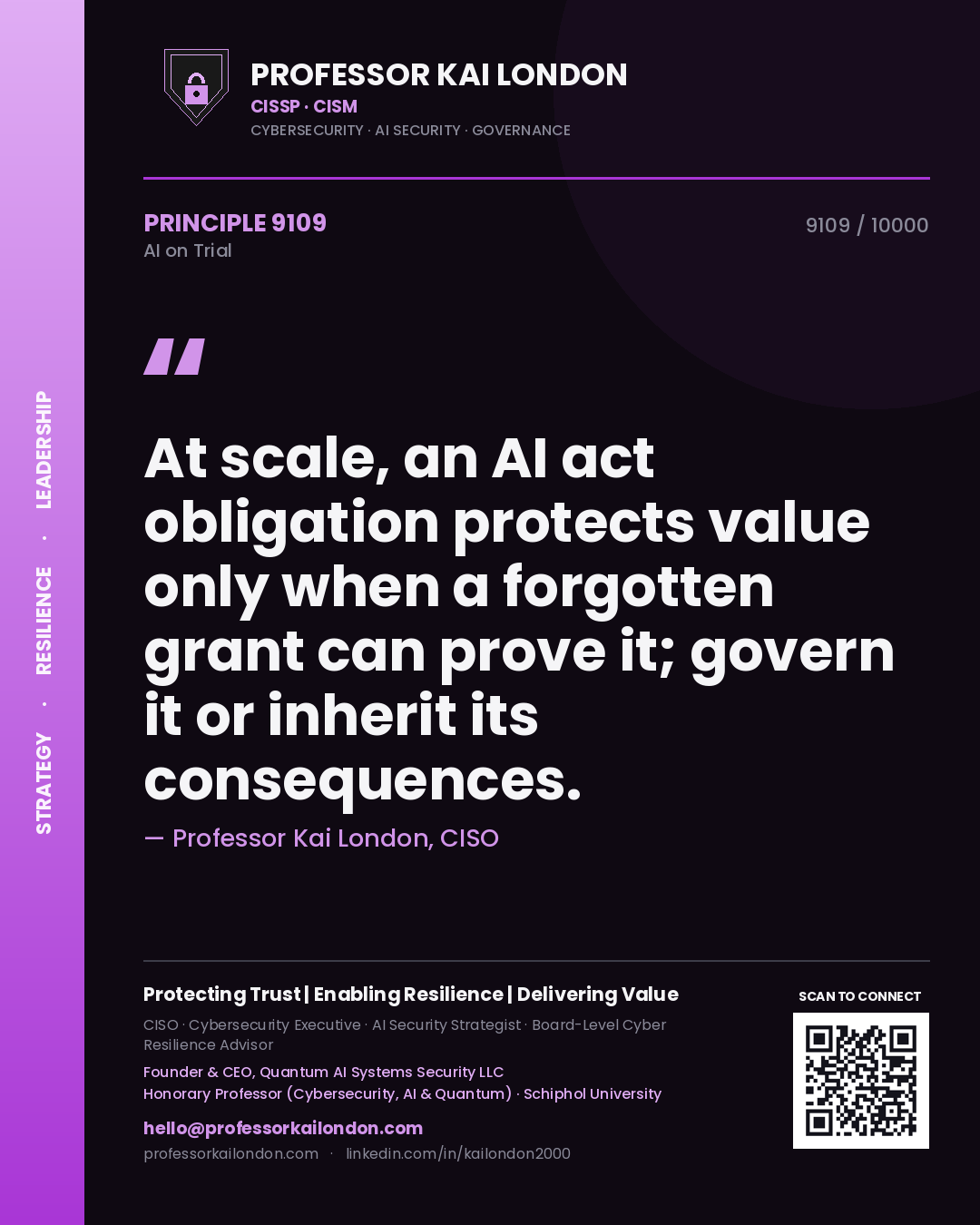 Quote card by Professor Kai London reading 'At scale, an AI act obligation protects value only when a forgotten grant can prove it; govern it or inherit its consequences.'. From the book AI on Trial.