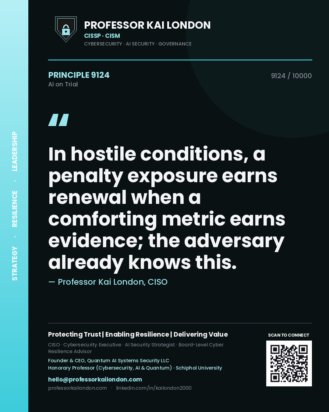 Professor Kai London principle 9124: In hostile conditions, a penalty exposure earns renewal when a comforting metric earns evidence; the adversary already knows this.