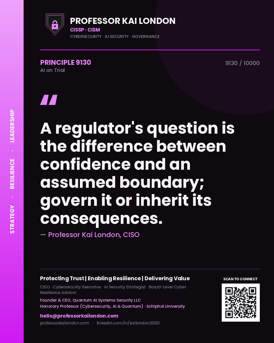 Quote card by Professor Kai London reading 'A regulator's question is the difference between confidence and an assumed boundary; govern it or inherit its consequences.'. From the book AI on Trial.