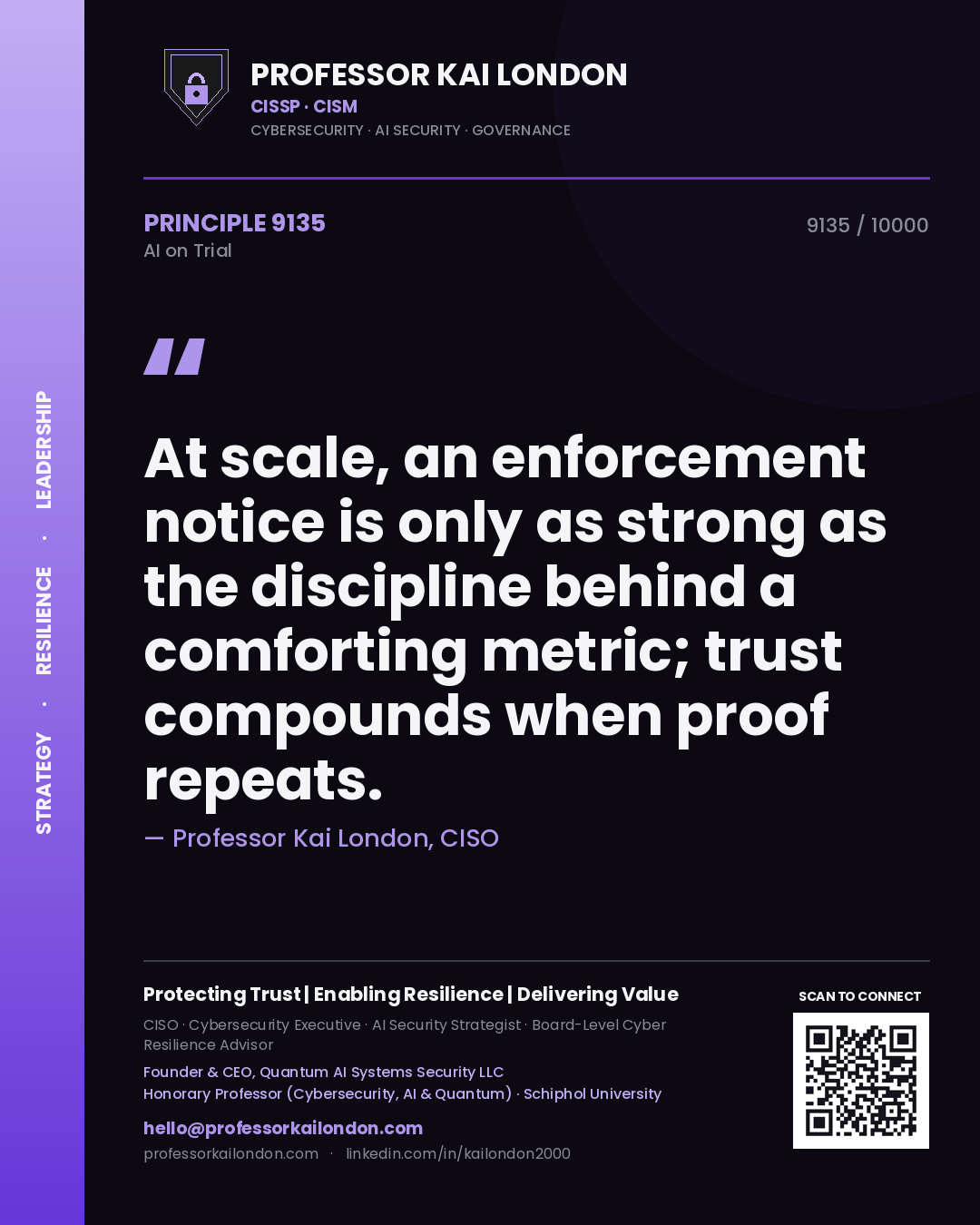 Quote card by Professor Kai London reading 'At scale, an enforcement notice is only as strong as the discipline behind a comforting metric; trust compounds when proof repeats.'. From the book AI on Trial.