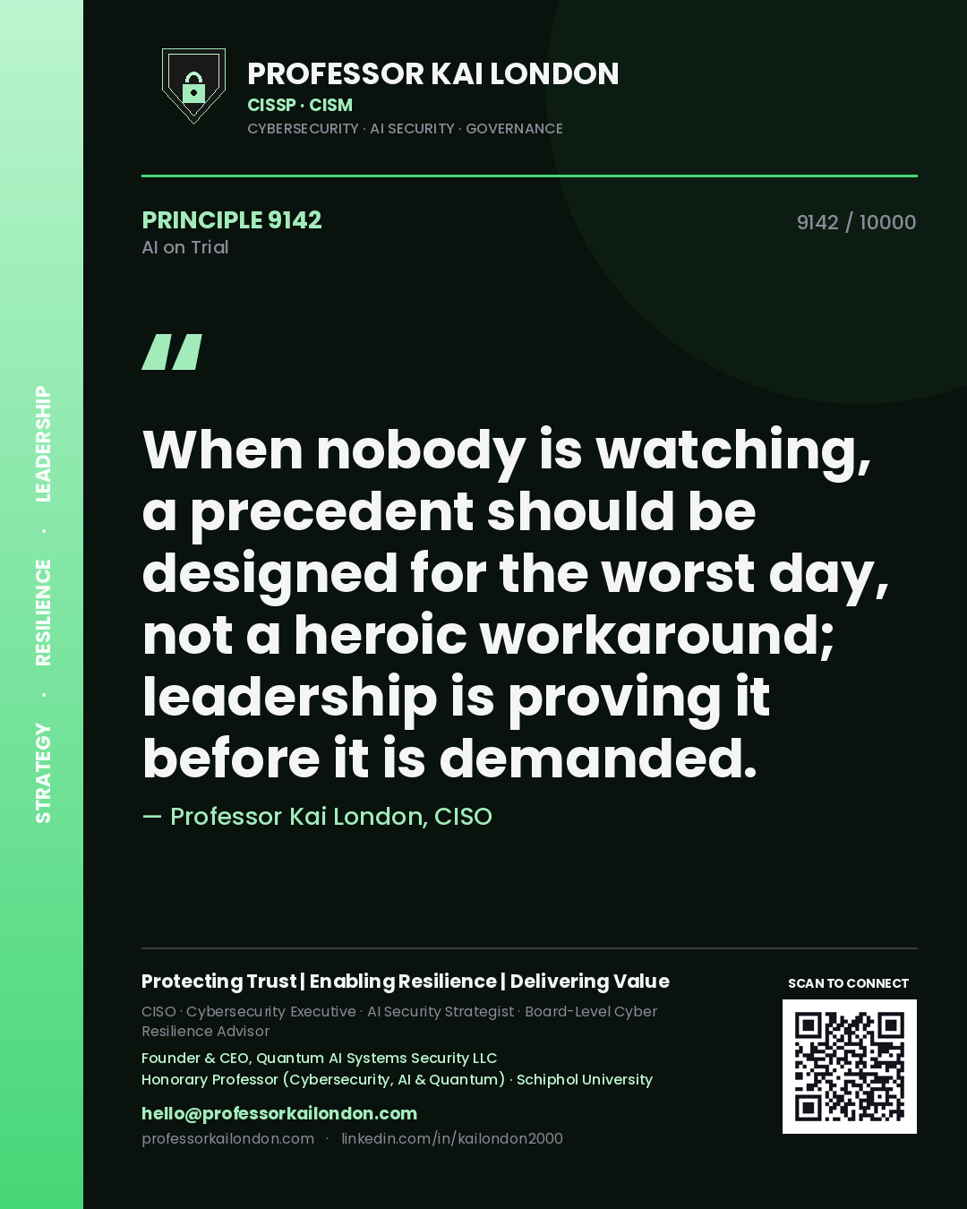Quote card by Professor Kai London reading 'When nobody is watching, a precedent should be designed for the worst day, not a heroic workaround; leadership is proving it before it is demanded.'. From the book AI on Trial.