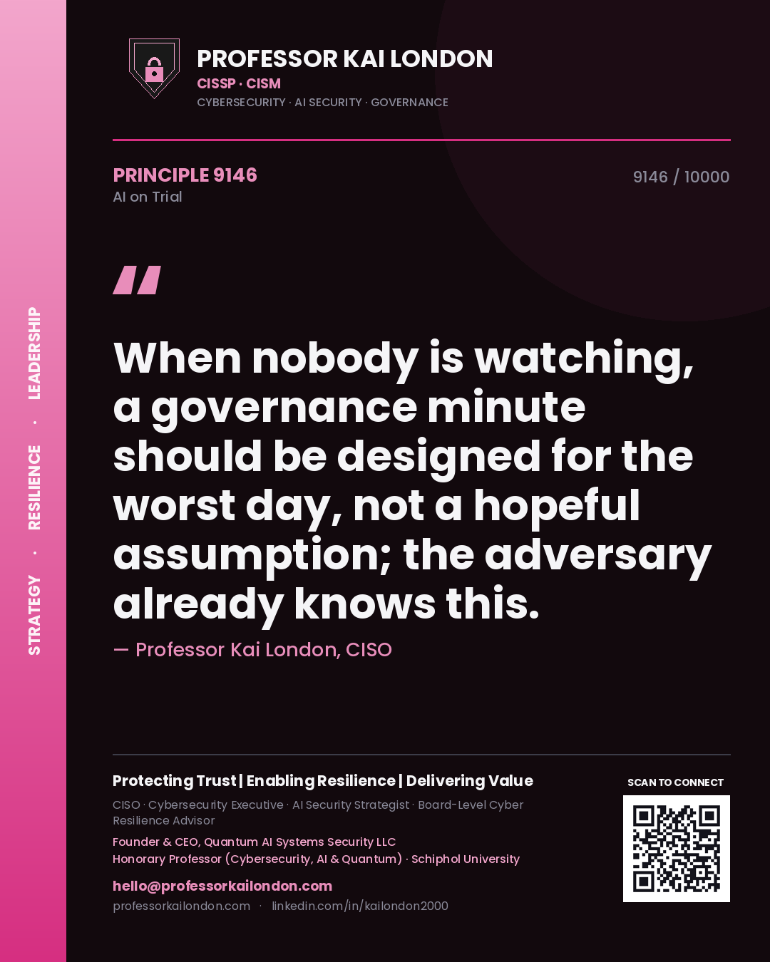 Quote card by Professor Kai London reading 'When nobody is watching, a governance minute should be designed for the worst day, not a hopeful assumption; the adversary already knows this.'. From the book AI on Trial.