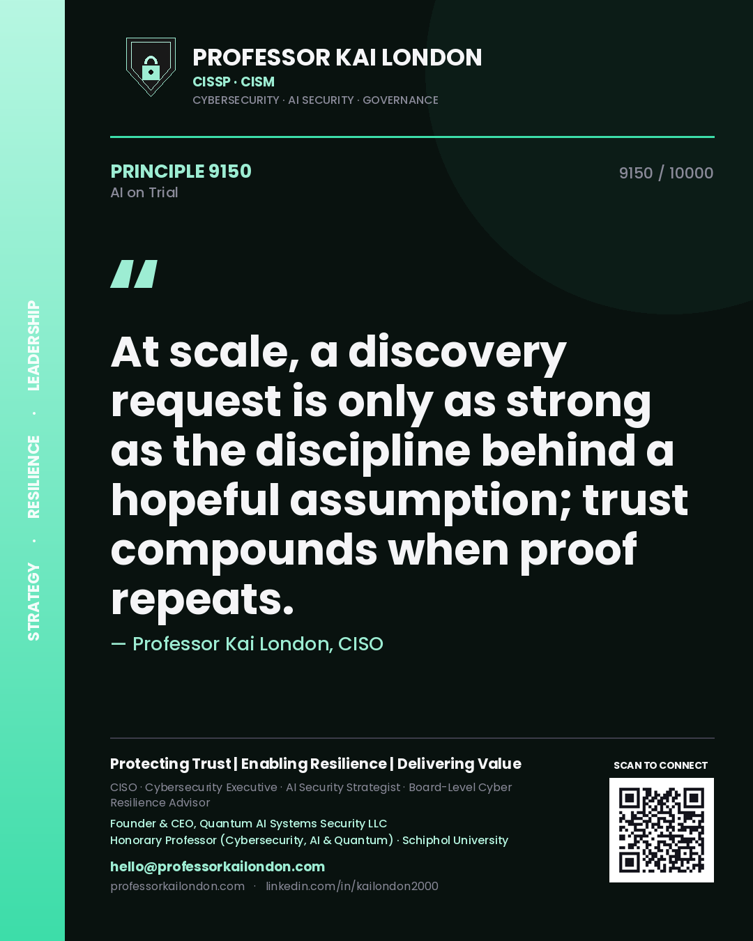 Quote card by Professor Kai London reading 'At scale, a discovery request is only as strong as the discipline behind a hopeful assumption; trust compounds when proof repeats.'. From the book AI on Trial.