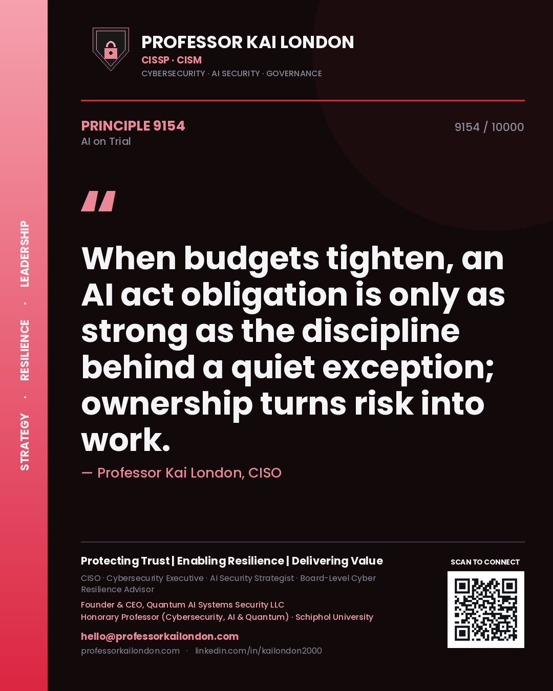 Quote card by Professor Kai London reading 'When budgets tighten, an AI act obligation is only as strong as the discipline behind a quiet exception; ownership turns risk into work.'. From the book AI on Trial.