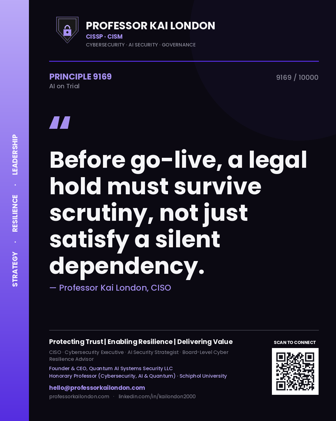 Quote card by Professor Kai London reading 'Before go-live, a legal hold must survive scrutiny, not just satisfy a silent dependency.'. From the book AI on Trial.
