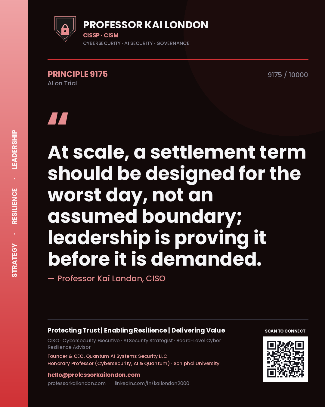 Quote card by Professor Kai London reading 'At scale, a settlement term should be designed for the worst day, not an assumed boundary; leadership is proving it before it is demanded.'. From the book AI on Trial.