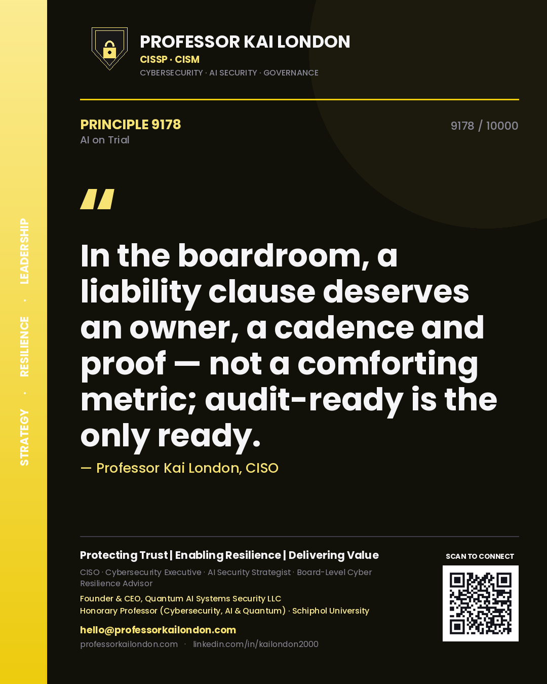 Quote card by Professor Kai London reading 'In the boardroom, a liability clause deserves an owner, a cadence and proof — not a comforting metric; audit-ready is the only ready.'. From the book AI on Trial.