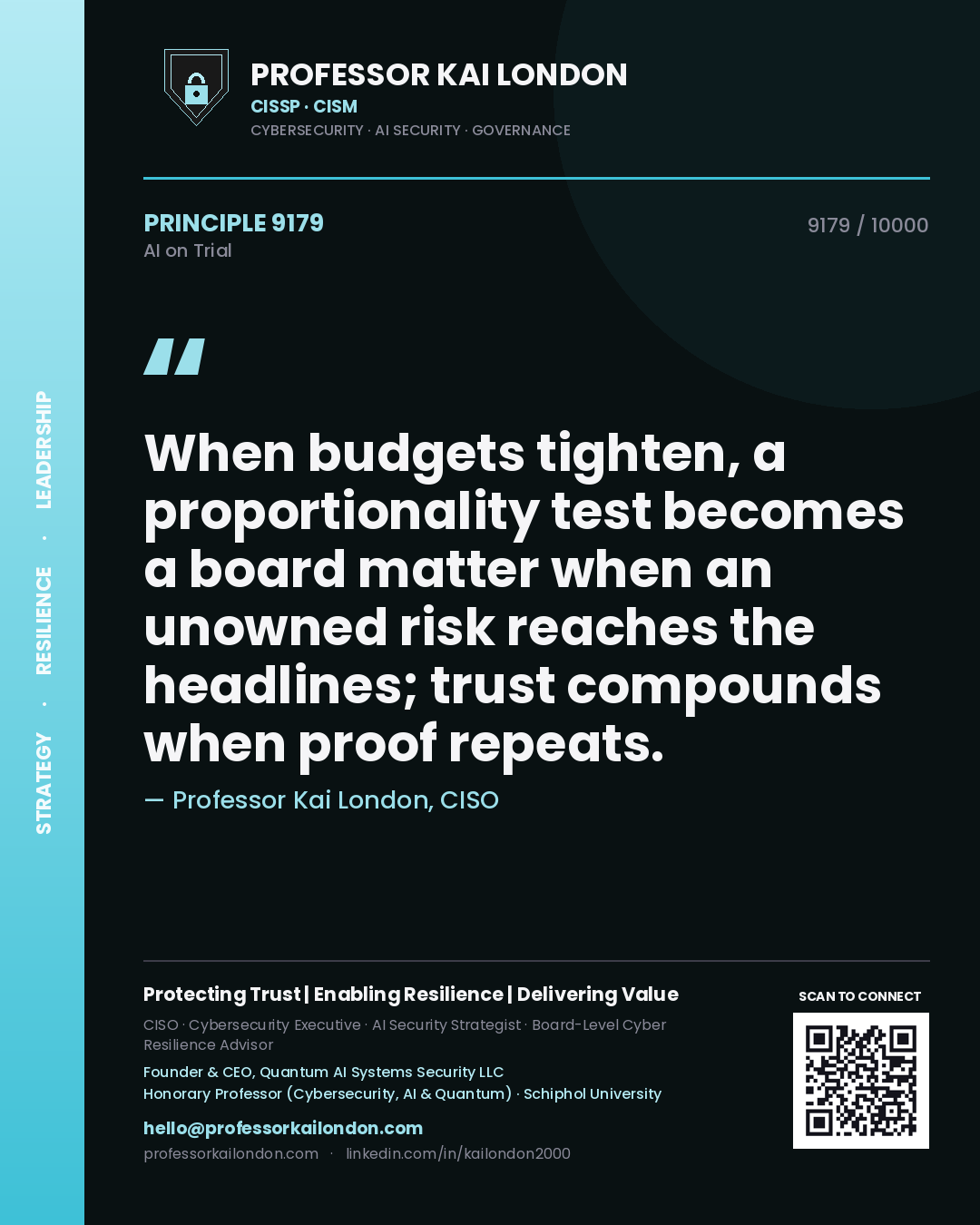 Quote card by Professor Kai London reading 'When budgets tighten, a proportionality test becomes a board matter when an unowned risk reaches the headlines; trust compounds when proof repeats.'. From the book AI on Trial.