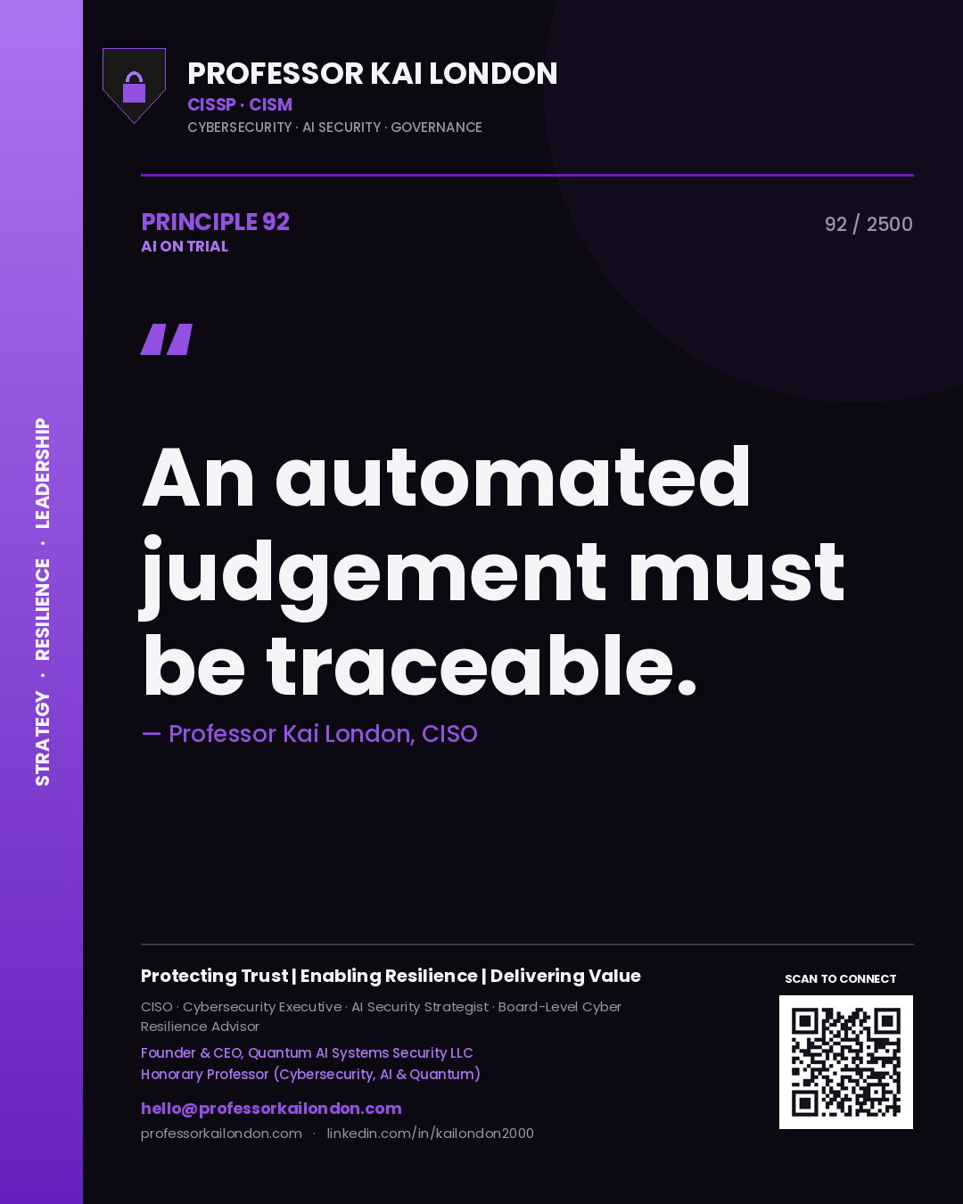Quote card by Professor Kai London reading 'An automated judgement must be traceable.'. From the book AI on Trial.