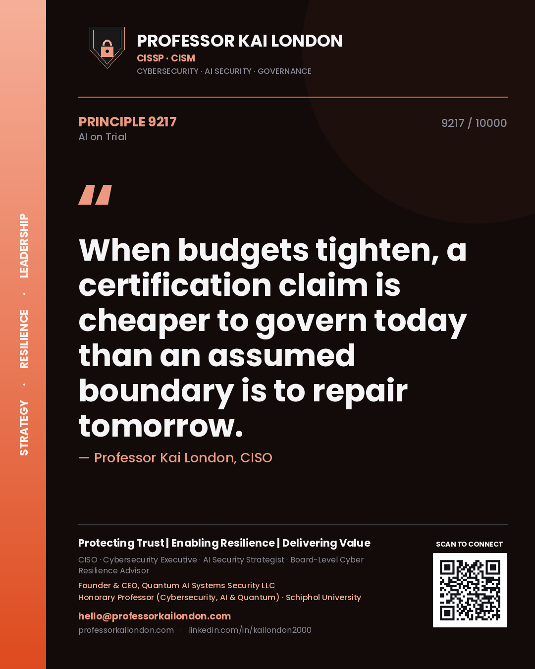 Quote card by Professor Kai London reading 'When budgets tighten, a certification claim is cheaper to govern today than an assumed boundary is to repair tomorrow.'. From the book AI on Trial.