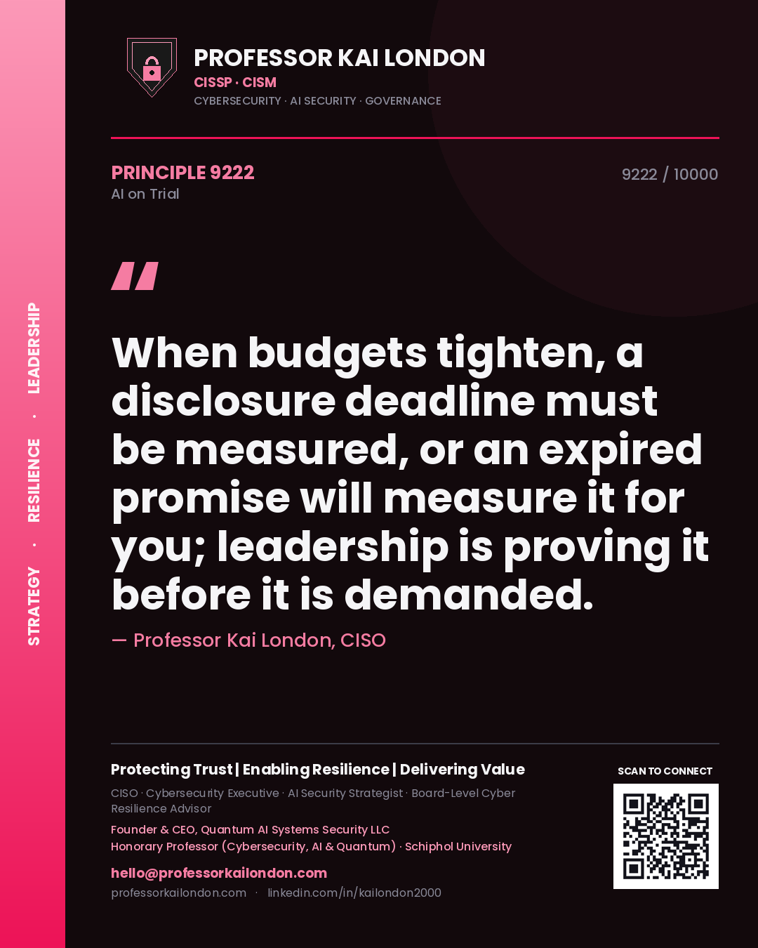 Professor Kai London principle 9222: When budgets tighten, a disclosure deadline must be measured, or an expired promise will measure it for you; leadership is proving it before it is demanded.