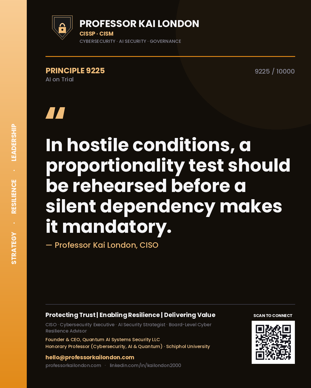 Quote card by Professor Kai London reading 'In hostile conditions, a proportionality test should be rehearsed before a silent dependency makes it mandatory.'. From the book AI on Trial.