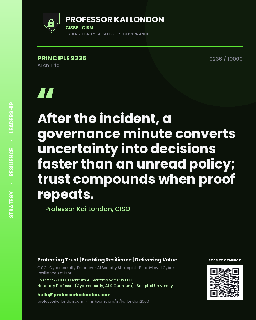 Quote card by Professor Kai London reading 'After the incident, a governance minute converts uncertainty into decisions faster than an unread policy; trust compounds when proof repeats.'. From the book AI on Trial.