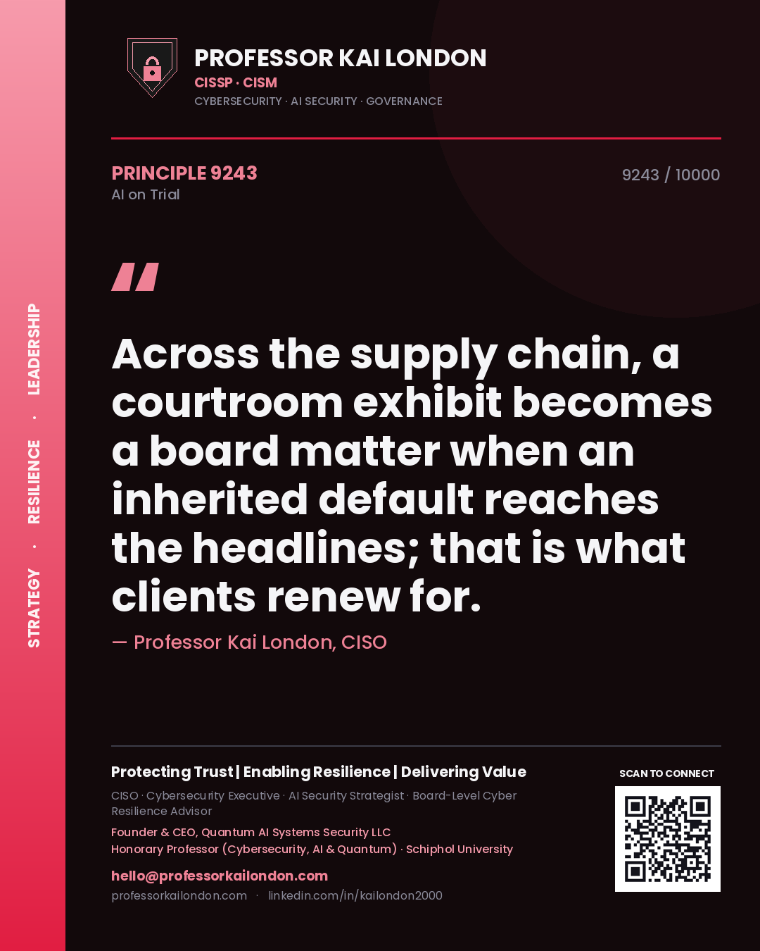 Professor Kai London principle 9243: Across the supply chain, a courtroom exhibit becomes a board matter when an inherited default reaches the headlines; that is what clients renew for.