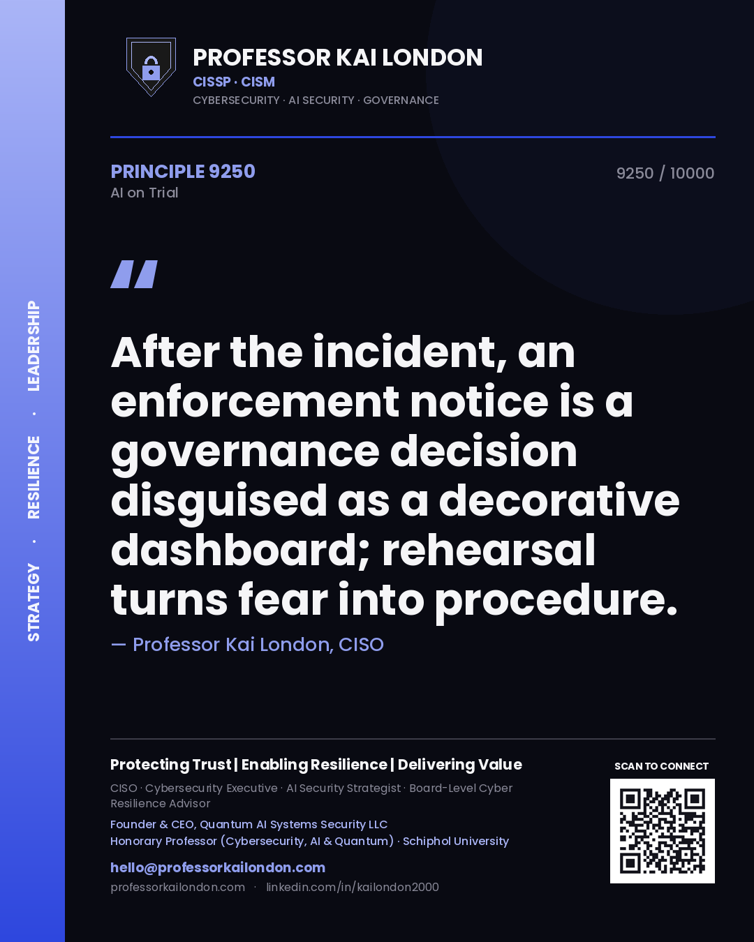 Quote card by Professor Kai London reading 'After the incident, an enforcement notice is a governance decision disguised as a decorative dashboard; rehearsal turns fear into procedure.'. From the book AI on Trial.
