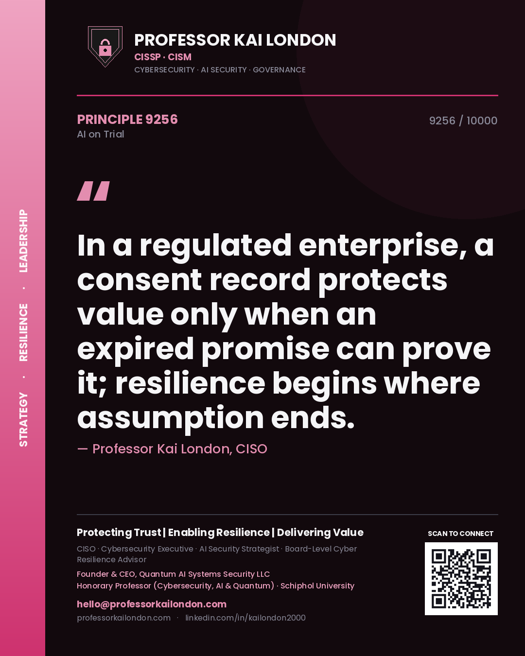 Professor Kai London principle 9256: In a regulated enterprise, a consent record protects value only when an expired promise can prove it; resilience begins where assumption ends.