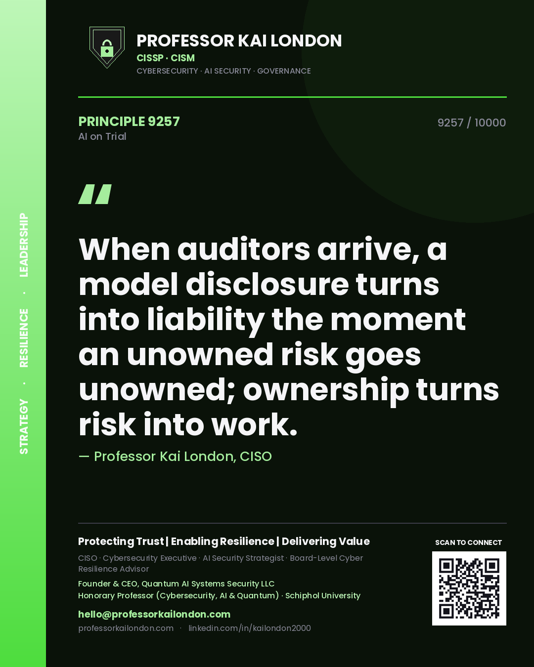 Professor Kai London principle 9257: When auditors arrive, a model disclosure turns into liability the moment an unowned risk goes unowned; ownership turns risk into work.