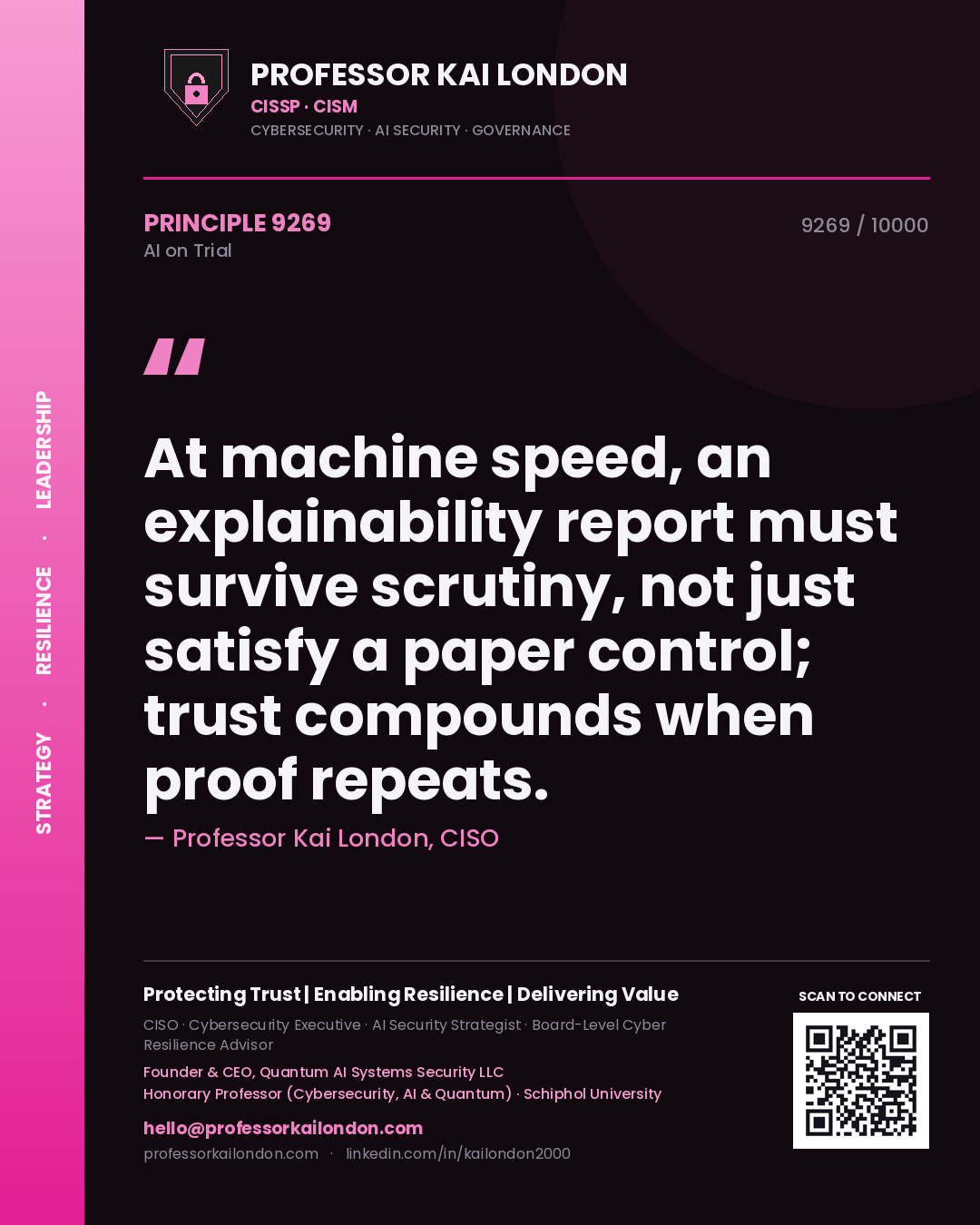Quote card by Professor Kai London reading 'At machine speed, an explainability report must survive scrutiny, not just satisfy a paper control; trust compounds when proof repeats.'. From the book AI on Trial.
