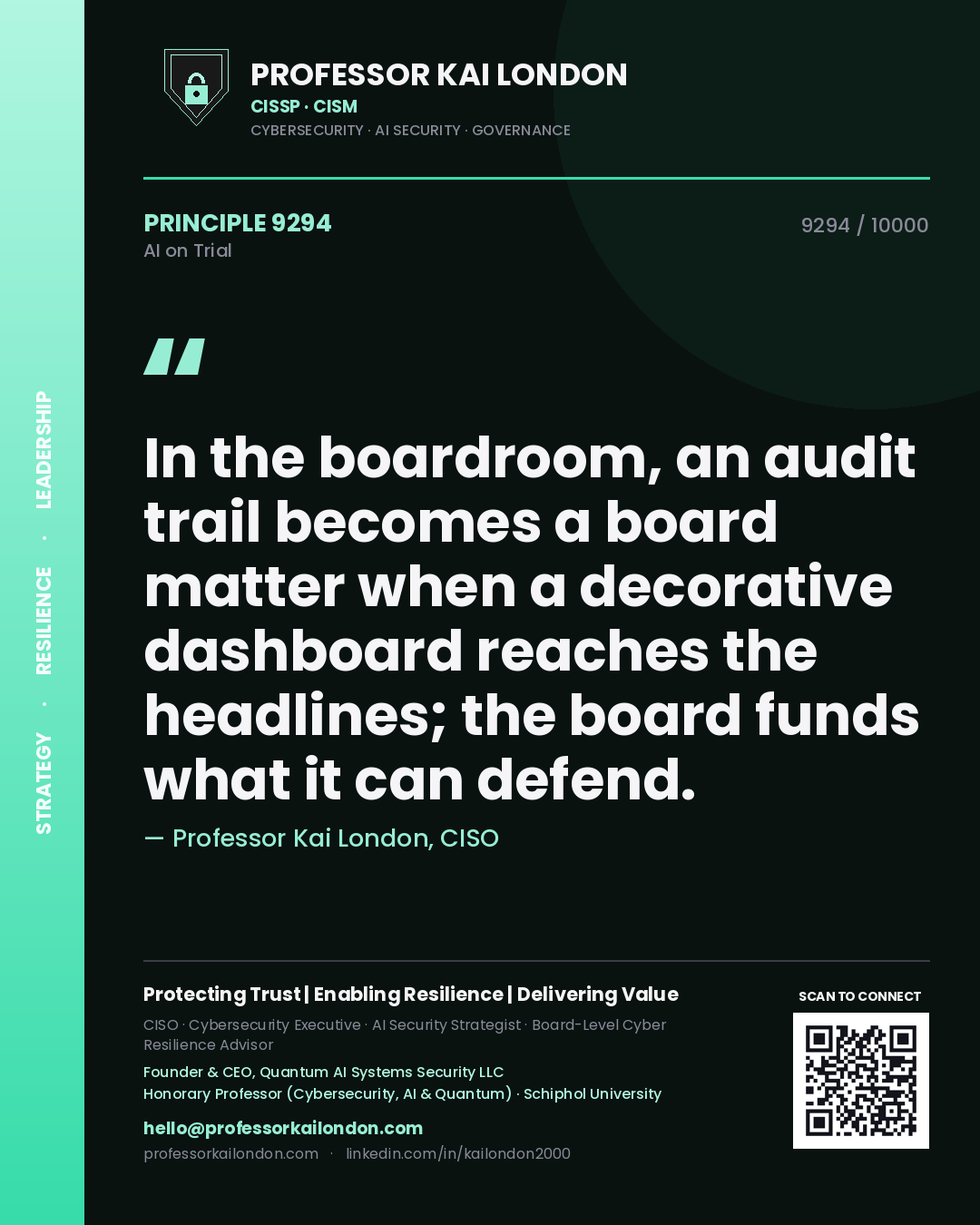 Professor Kai London principle 9294: In the boardroom, an audit trail becomes a board matter when a decorative dashboard reaches the headlines; the board funds what it can defend.