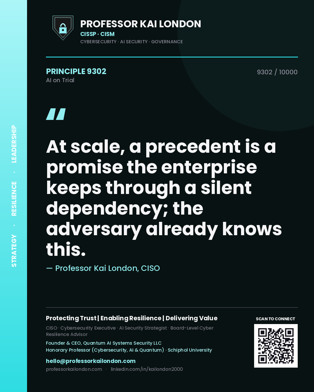 Quote card by Professor Kai London reading 'At scale, a precedent is a promise the enterprise keeps through a silent dependency; the adversary already knows this.'. From the book AI on Trial.